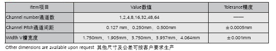 集成光学用V型槽-16通道V槽规格